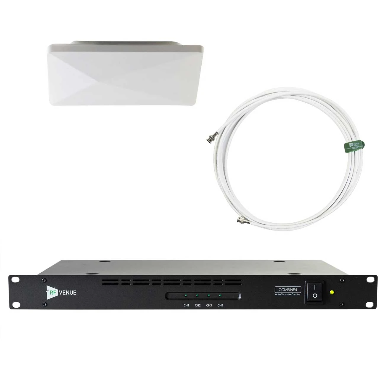 RF Venue COMB4CP-ARC Circularly Polarized Wall/Ceiling Mounted Architectural Antenna & 4-Ch IEM Combiner With 25ft RG8X 1 RF Venue COMB4CP-ARC Circularly Polarized Wall/Ceiling Mounted Architectural Antenna & 4-Ch IEM Combiner With 25ft RG8X